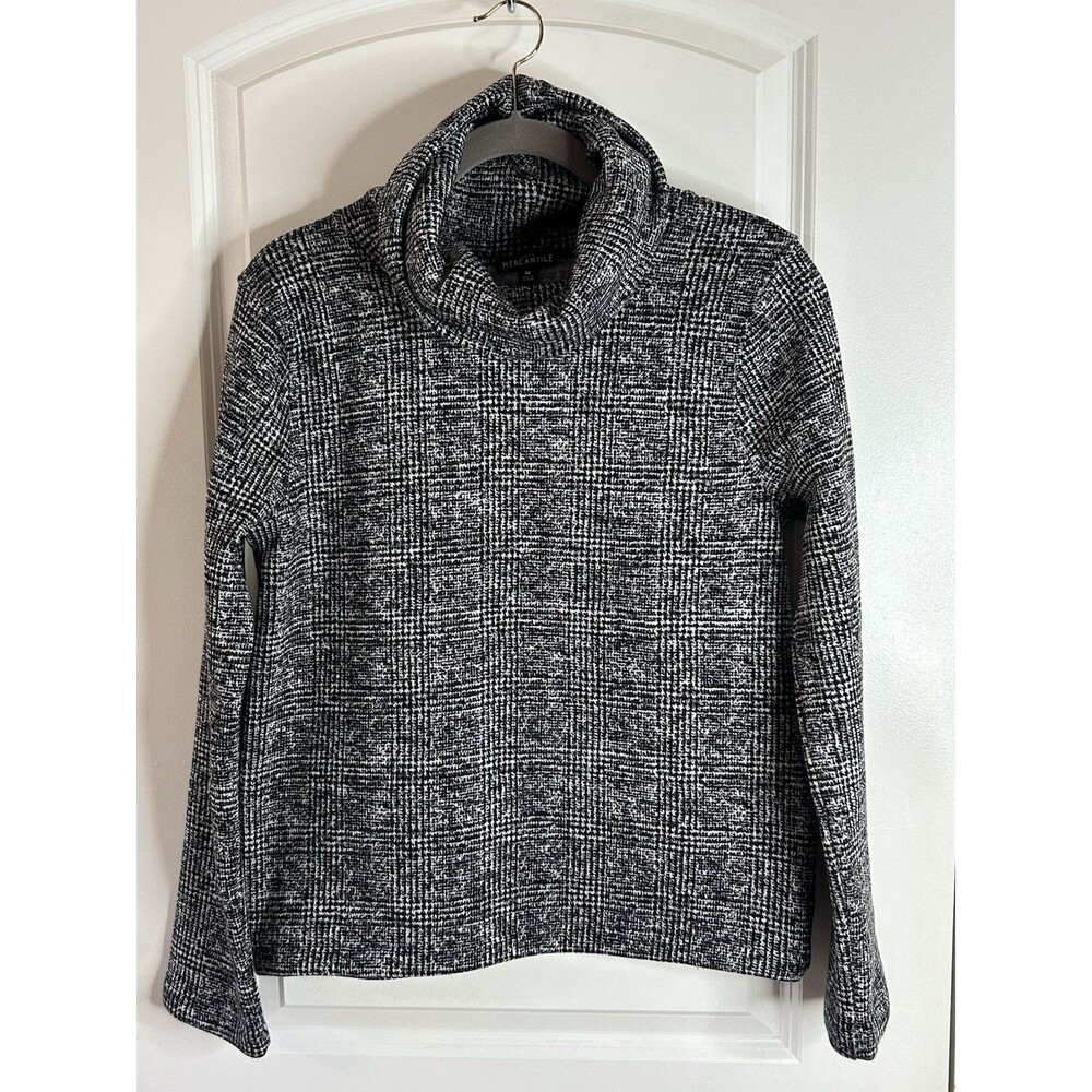 J.Crew Women’s S Black White Herringbone Cowl Neck Fleece Lined Pullover Top